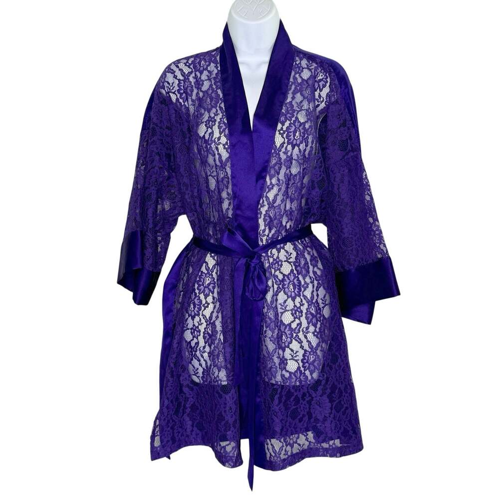 Victoria's Secret Vintage Gold Label Purple Sheer Lace Robe OS Belted Lounge